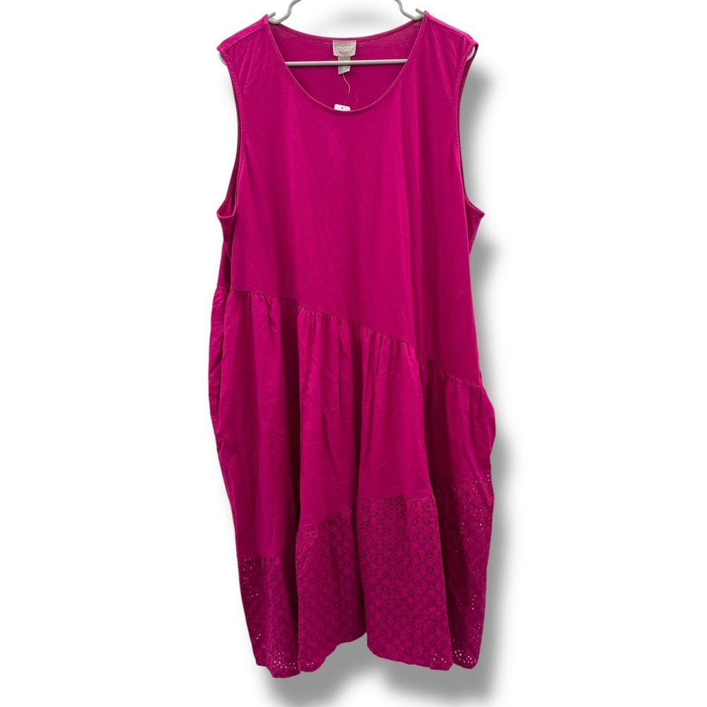 Chico's Asymmetric Mixed Tiered Dress Womens 4 Raspberry Truffle Pink Eyelet NEW